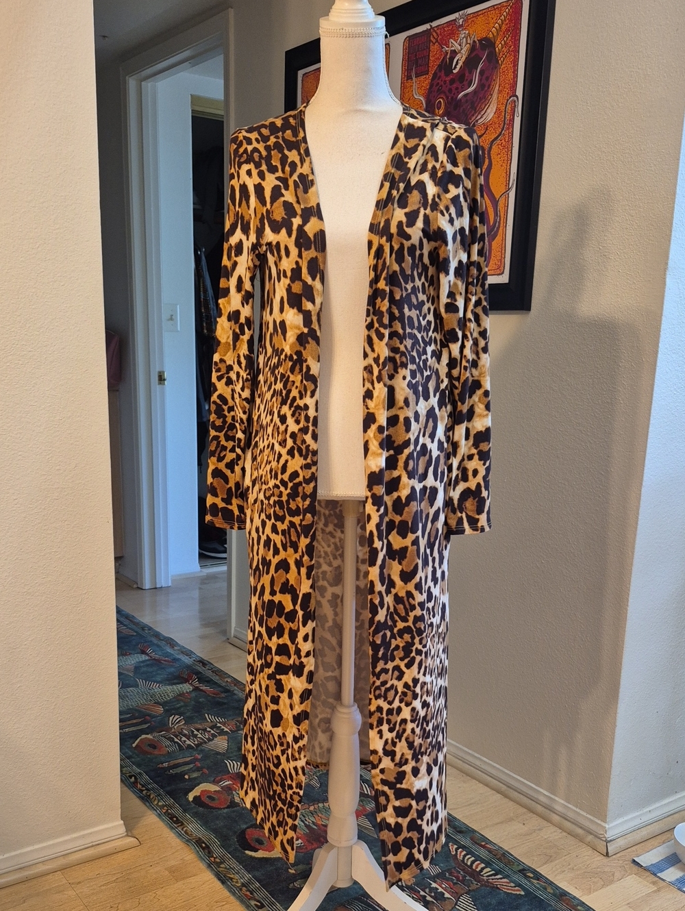 Leopard Print Long Open-Front Cardigan - Tan/Black